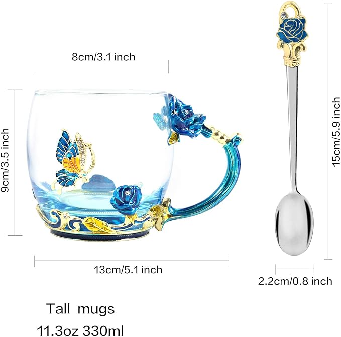 Summer Enamel Camping Tea Mug, Coffee Cup with Spoon Set Clear Glass Handmade Enamel Butterfly Flower,Mother's Day,Father's Day，Birthday,Christmas Gift(11 oz)…