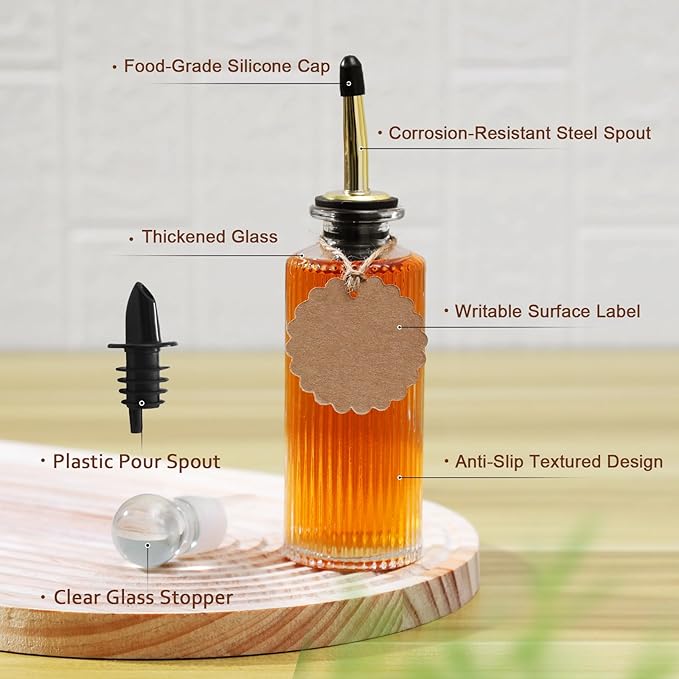 Coffee Syrup Dispenser Bottles, 4 Pack Glass Syrup Dispensers for Coffee Bar, 6.1 Fl Oz Small Maple Syrup Container Set with Golden Spoon, Vintage Oil Dispenser Bottle for Kitchen