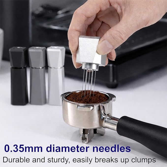 WDT Espresso Distribution Tool, Espresso WDT Tools for Barista,Aluminum Coffee Stirrer with Stand, 7x 0.35mm Replaceable Needles, Fits 51mm&53mm&54mm&58mm Portafilter (Silver)