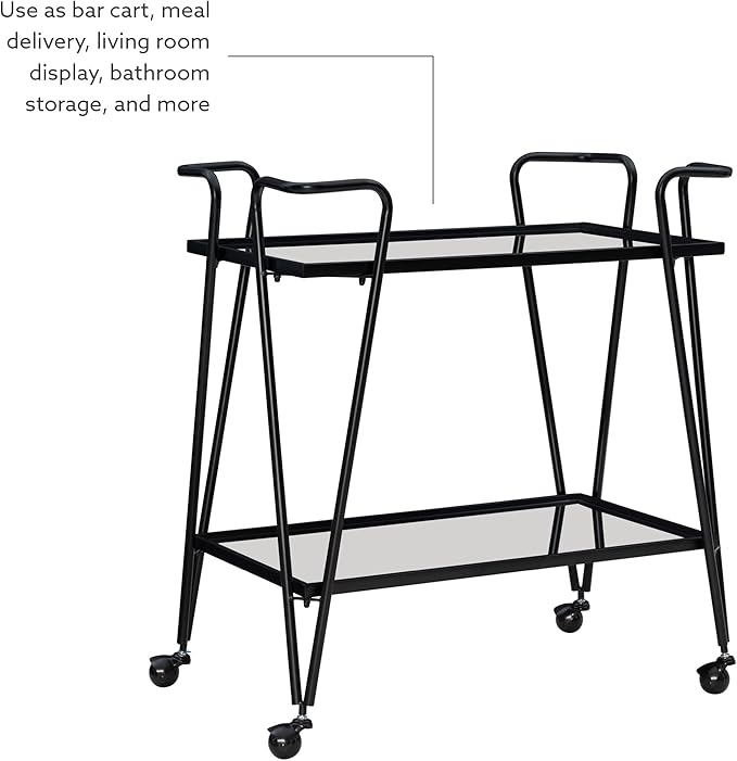 Gina Black Mid Century Bar Cart with Mirrored Shelves by Linon