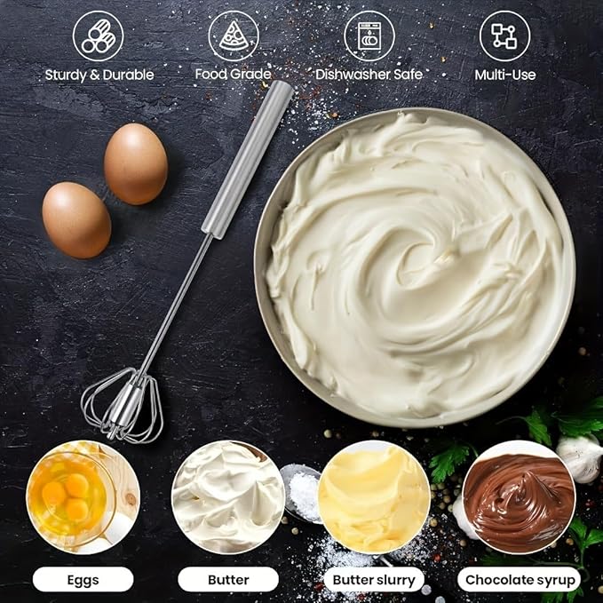 Stainless Steel Semi-Automatic Egg Beater, 2025 new hand push rotary mixer, Home Kitchen Manual Mixing Tool,used for making eggs, frothing, stirring, mixing, whipping, milkshakes, and more (7 * 27cm)