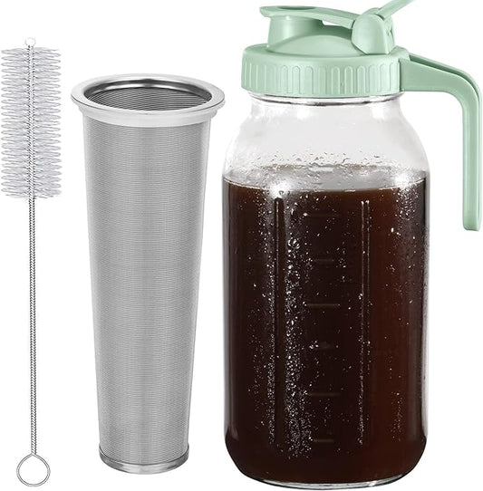 Cold Brew Coffee Maker Pitcher, Green 64 Oz Heavy Duty Wide Mouth Glass Mason Jar pour spout Lid with Stainless Steel Filter for Iced Coffee, Ice Drinks