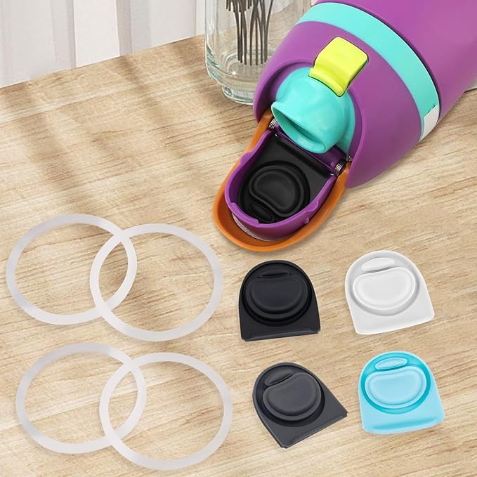 4pcs Replacement Stopper and 4pcs Ring Compatible with Owala FreeSip 24oz 32oz,Water Bottle Top Gasket Lid for Owala 16/19/24/32/40oz Seal Bottle Mouth Cap Silicone Stopper Insert Parts Accessories