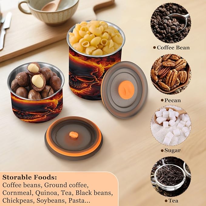 Fire Skulls Coffee Canister Stainless Steel Airtight Vacuum Coffee Storage Container,Date Tracker for Beans,Tea,Sugar,Flour,Cereal,30oz