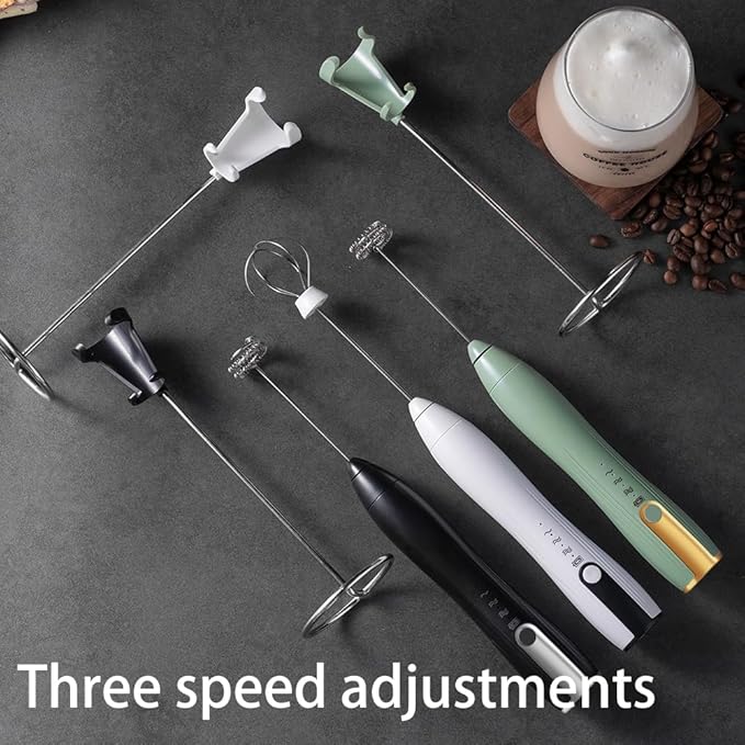 Ruciko Rechargeable 3-Speed Electric Milk Frother,Stainless Steel,Mini Handheld.Quick Type-C Charging for Lattes,Coffee,Egg Whipping & Hot Choc.With Double-Layer Frothing Head & Stand.(green)