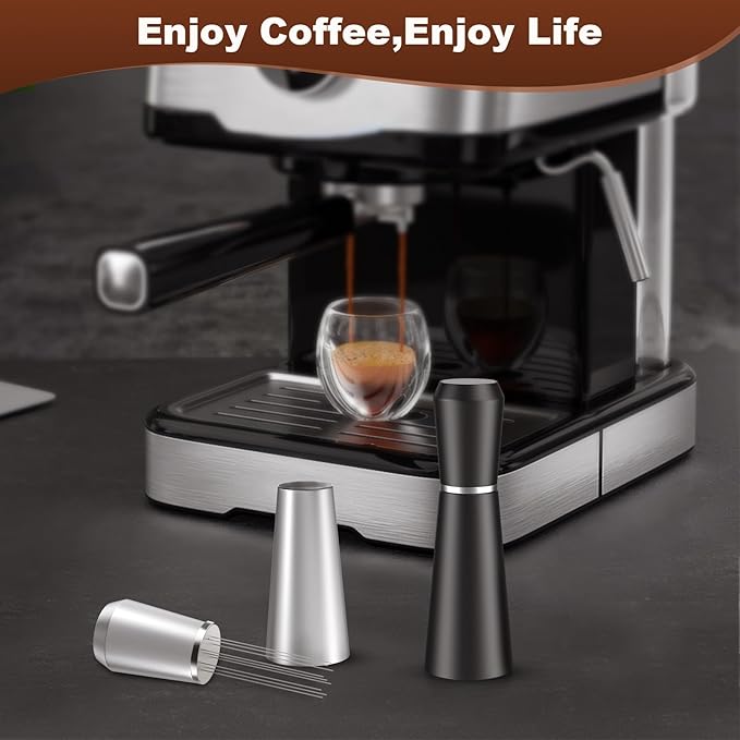 Jeymei WDT Espresso Distribution Tool, 0.35mm 8 Needle Coffee Stirrer with 8 Extra Needles, 304 Stainless Steel, Aluminum Alloy Handle with Stand, Barista Espresso Whisk Tool (Metal Silver)