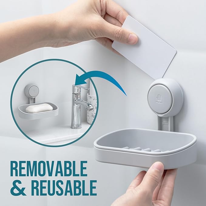 TAILI Soap Dish Bar Holder Suction Cup,Soap Saver with Powerful Vacuum Suction,Sponge Holder for Shower,Bathroom,Tub and Kitchen Sink, Universal Shower Accessories,Drill-Free,Removable,Grey