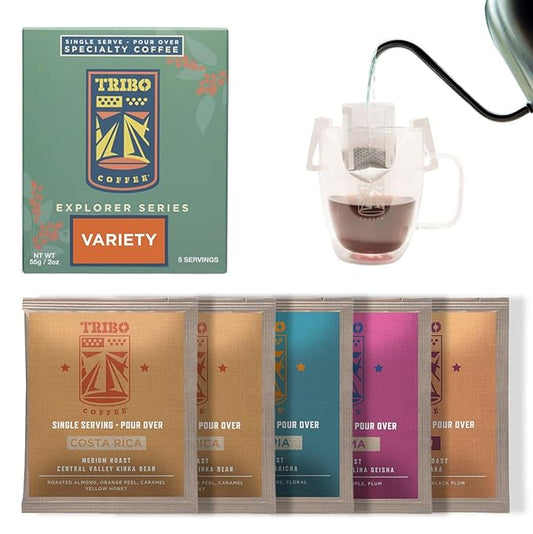 Tribo Coffee Single-Serve Portable Pour Over Drip Coffee - Explorer Variety - 5 Servings (Light - Medium Roast)