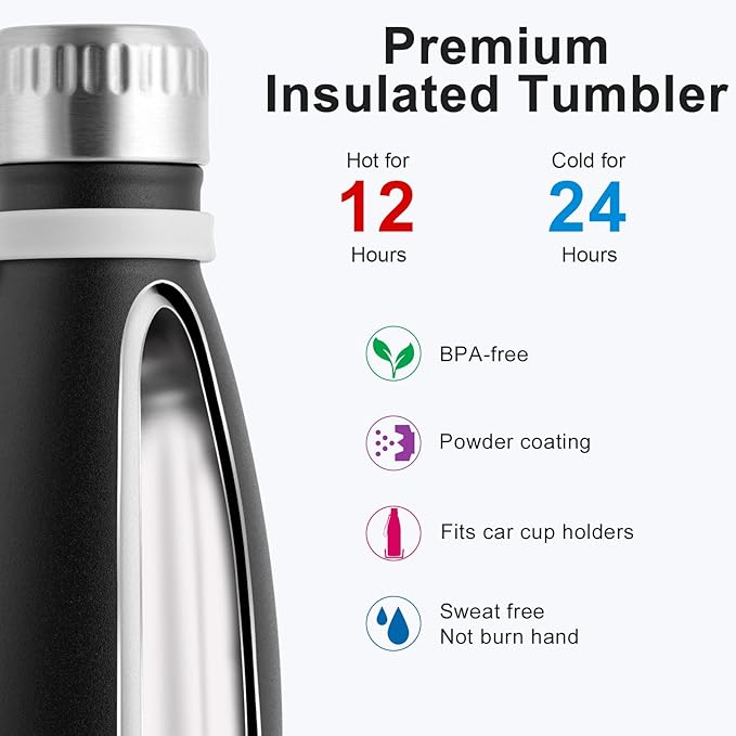 koodee 2 Pack Water Bottle -Stainless Steel Double Wall Vacuum Insulated Sports Water Bottle, 17 oz Cola Shape Travel Thermal Flask (Matte Black)
