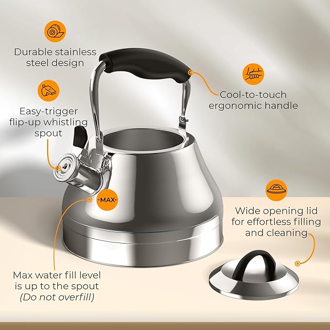 Stovetop Whistling Tea Kettle – 2.4 QT Stainless Steel Teapot with Ergonomic Handle, Fast Heating for Gas, Electric & Induction Stoves – Shiny Finish, Silver