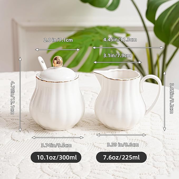 Ceramic Sugar and Creamer Set, 3 Piece with Cream Pitcher, Sugar Bowl with Lid and Spoon,Coffee and Tea Serving Set (White with gold line)