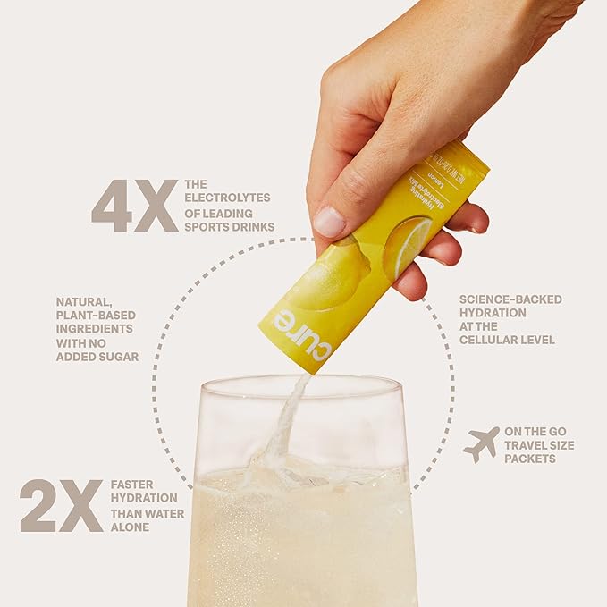 Cure Hydration | Plant-Based Electrolyte Drink Mix | No Added Sugar | FSA-HSA | Dehydration Relief Powder Made with Coconut Water | Non-GMO | Vegan | Box of 8 Packets - Lemonade