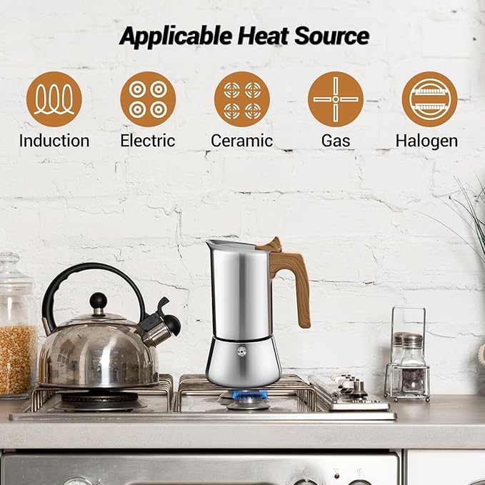 Vaolvpant No Coating 12 Cup Moka Pot Thickened 304 Stainless Steel Stovetop Espresso Coffee Maker 600ml 20oz Mocha Percolator Greca Cuban Ideal for Making Rich Authentic Italian Café