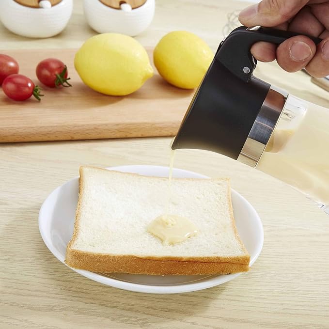 Bewinner 3.38Oz Syrup Dispenser, Honey Pot Glass Honey Dispenser Jar, Stainless Steel Maple Syrup Container Easy to Clean for Chocolate Peanut Butter Caramel