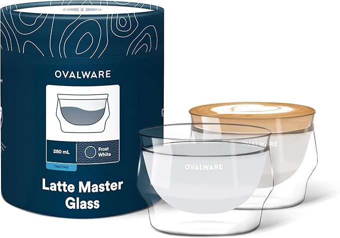 ovalware 8.5oz Double Wall Latte Cups, Latte Set of 2 - Latte Glasses for Cold & Hot Drink, Palm-Sized Cups with Wide Rim for Artistic Designs - Frost White