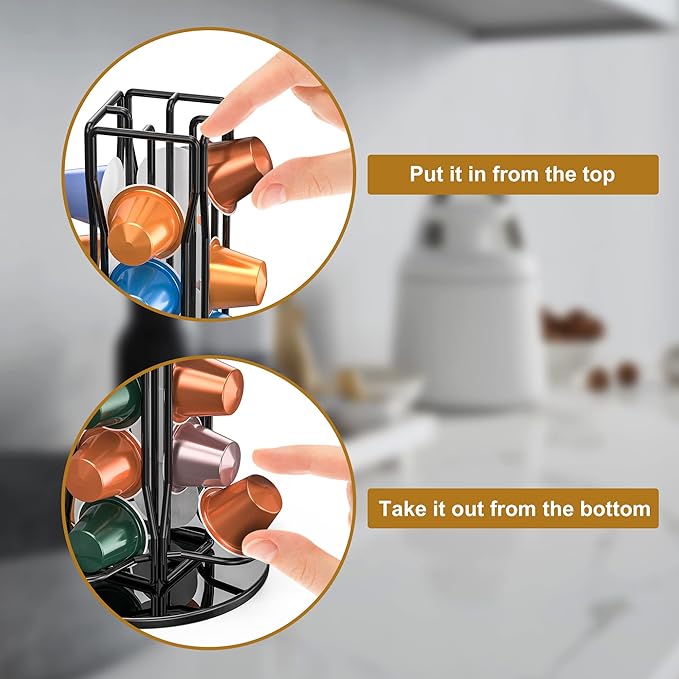 Coffee Pod Holder for Nespresso OriginalLine Capsules, Rotating Carousel Coffee Pods Holder Coffee Station Organizer Countertop Storage Rack -Black/40 Pods Capacity