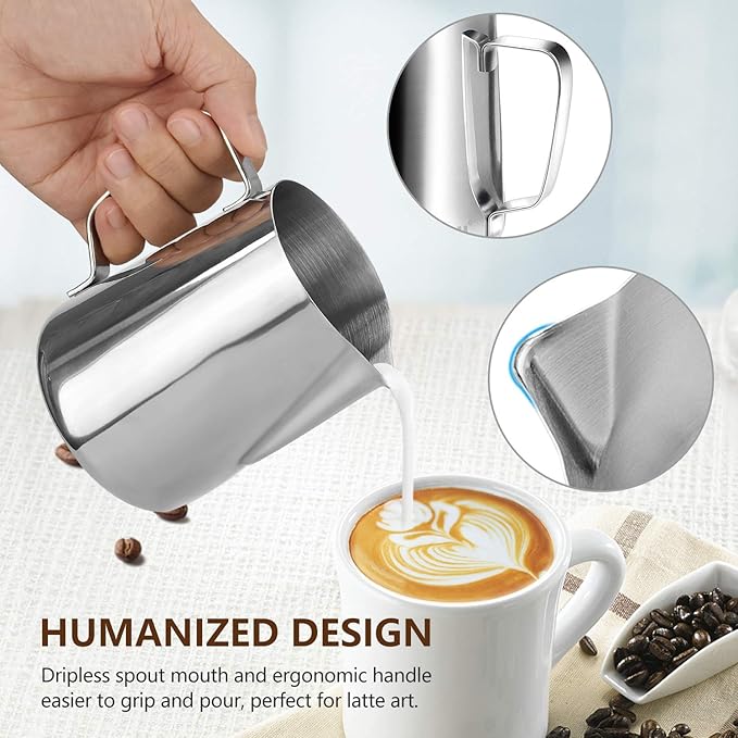 HOOMIL Milk Frothing Pitcher, 12oz/20oz/32oz Stainless Steel Steaming Pitcher Barista Milk Frother Cup Jug for Espresso Machine Coffee Cappuccino Latte Art - 12oz