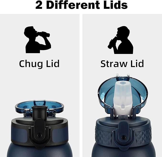 Oldley Insulated Water Bottle 12oz Water Bottles with Straw, Stainless Steel Water Bottle with 2 Lids, Double Wall Vacuum Bottels for Adults Kids,Leak-Proof Sport Bottles for School Travel, Navy Blue