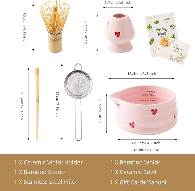 5pcs Premium Matcha Set,Ceramic Bowl with Spout and Bamboo Whisk set, Ceremonical Matcha Kit for breakfast/latte,Tea Starter Making Kit,Unique Matcha Gift set (pink love)