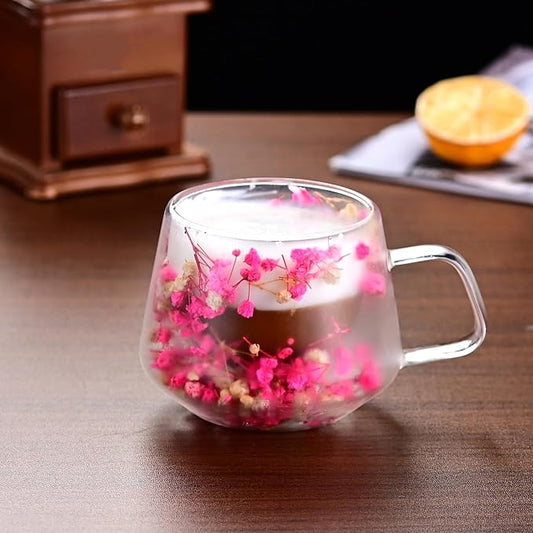 200ML Double Wall Insulated Cup Clear Glass Mug with Handle Preserved Flower Mug Floral Glass Real Coffee Cup with Protective Sleeve and Case Pink 200ML