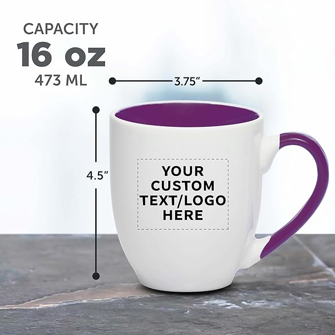 Custom Bistro Style Large Coffee Mugs 16 oz. Set of 10/50/100, Personalized Bulk Pack - Perfect for Coffee, Tea, Espresso, Hot Cocoa, Other Beverages - Purple