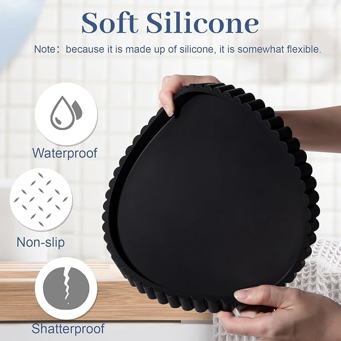 Round Bathroom Tray Silicone Kitchen Counter Decor Vanity Organizer Decorative Coffee Table Tray for Perfume, Candle, Soap Dish, 10 Inch, Black