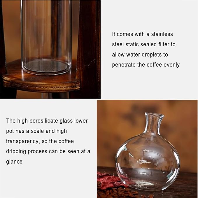 Cold Brew Drip Tower - 600ml Ice Coffee Maker with Double Valve, Wooden Stand & Slow Drip Technology - Perfect for Home & Office Brewed Coffee Lovers