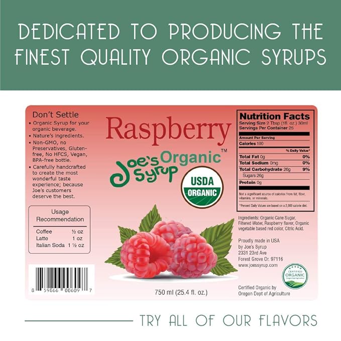 Joe’s Syrup Organic Flavored Syrup, Organic Raspberry, 750 ml (3 Pack)