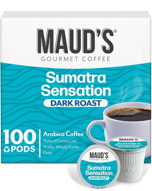 Maud's Sumatra Coffee Pods, 100 ct, Dark Roast Coffee in Single Serve Pods – 100% Arabica Coffee, Compatible with Keurig K Cups Maker