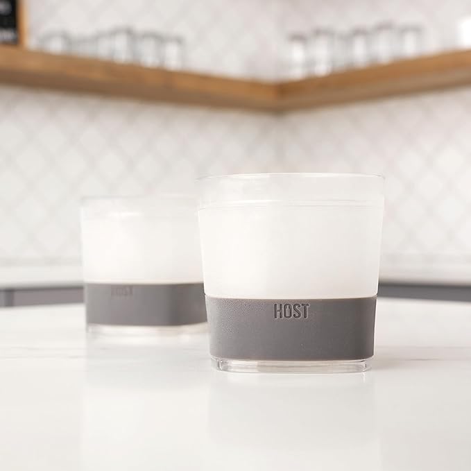 Host Whiskey Freeze Glasses, Double Old Fashioned Glasses, Chill Without Dilution for Brandy, Vodka, Gin, Rum, and Cold Brew Cocktails, Bourbon Gifts for Men, Home Bar, 9 oz, Set of 2, Grey