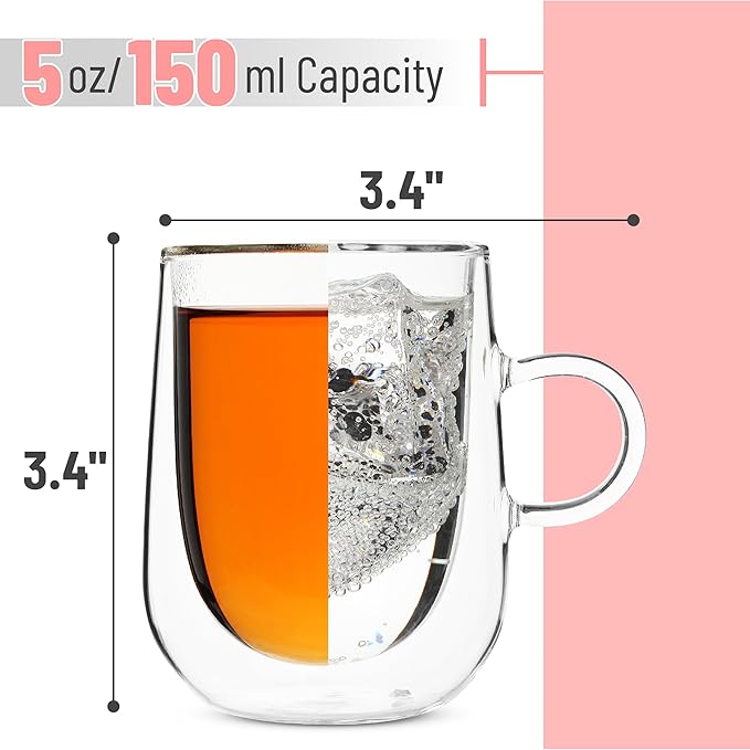 BTaT- Double Walled Espresso Cups, 5 oz, Set of 4, Clear Coffee Mugs, Double Wall Insulated Espresso Cups, Small Coffee Mugs for Tea, Lattes, Macchiatos, Hot & Cold Beverages