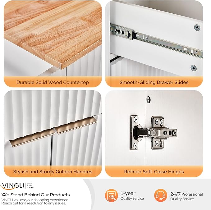 VINGLI Fluted Kitchen Island Cart on Wheels with 2 Drawers & 4 Doors, Adjustable Shelves, Towel Rack & Safety Bar Storage, Small Portable Rolling Kitchen Island, White