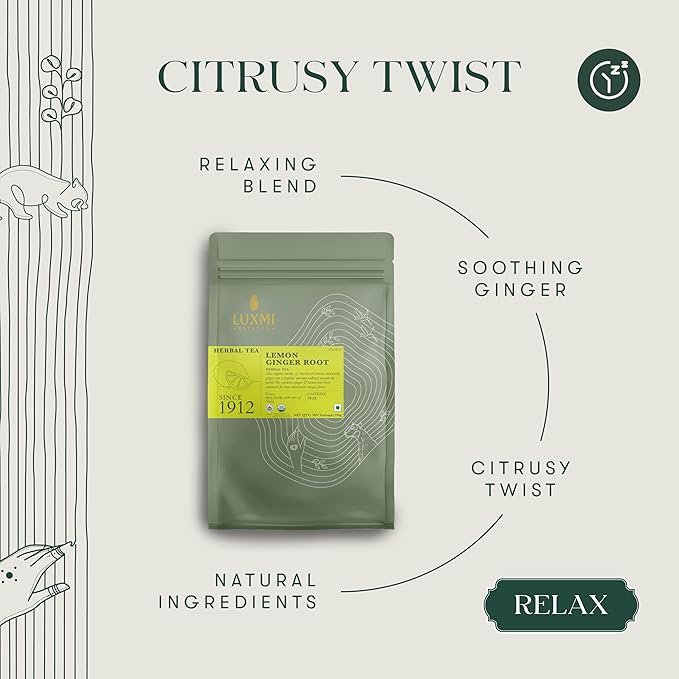 Luxmi Estates Organic Lemon Ginger Tea (50 Tea Bags), Lemon Peel, Ginger, Lemongrass and Licorice for sore throat, aids digestion, help with Nausea, and Uplifts Your Mood