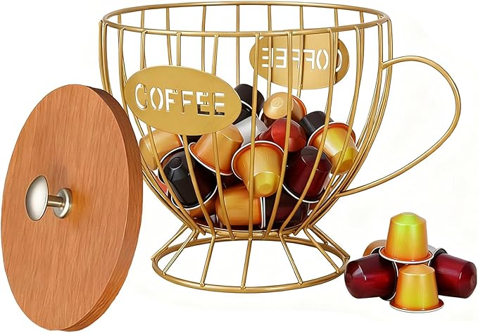 Coffee Pod Holder with Lid -Coffee Creamer Holder Large Capacity Holder for k Holder Organizer for Counter - Coffee Decor Station for Pods, Espresso, Capsules, Creamer, (Gold-CC)