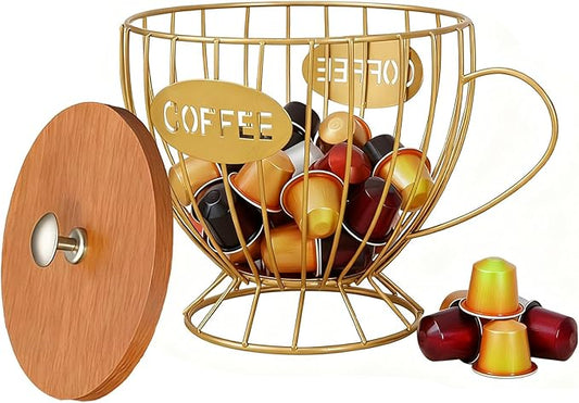 Coffee Pod Holder with Lid -Coffee Creamer Holder Large Capacity Holder for k Holder Organizer for Counter - Coffee Decor Station for Pods, Espresso, Capsules, Creamer, (Gold-CC)