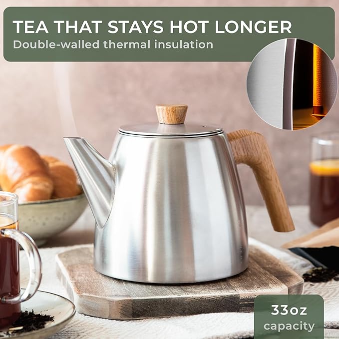 WALDWERK Tea Pot with Infuser - Double Wall Stainless Steel Teapot - Tea Pot with Infuser for Loose Tea - Made from 304 Stainless Steel and Oak Wood - Isolated Teapot with Strainer - 100% Drip Free