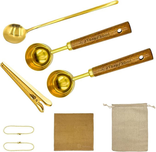 Gold Coffee Scoop with Wooden Handle, 2 Tablespoon / 30 ml, 304 Stainless Steel Measuring Spoon for Ground Coffee, Espresso, Tea, Protein Powder, Spices (6 Pack Set)