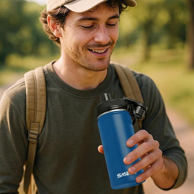 SASEUM Kids Sport Water Bottle 16oz Stainless Steel Double Wall Vacuum Thermal Mug with Leak Proof Spout Lids, Wide Mouth Metal Insulated Water Jug for Gym and Travel（Navy）