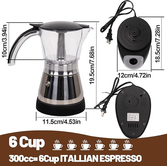 Electric Moka Pot 6 Cup 300ml Plastic Transparent Stovetop Espresso Maker Portable Stainless Steel Mocha Pot Percolator Italian Coffee Makers Greca Machine Cafe Classic for Home Camping