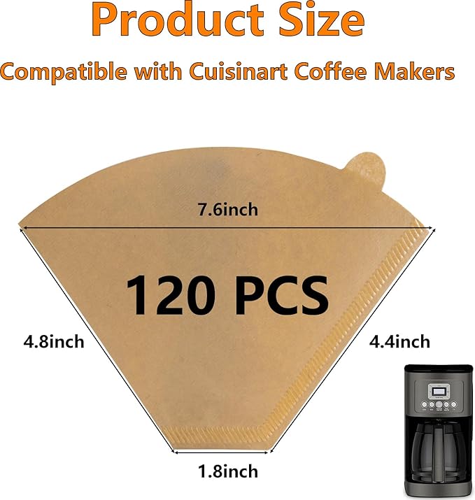 120 Count Cone Coffee Filters Compatible with Cuisinart, Replacement Paper Coffee Filters 12 Cup, No Blowout, Disposable, Unbleached Paper Filter, Easy to Clean, Perfect for Drip Coffeemaker