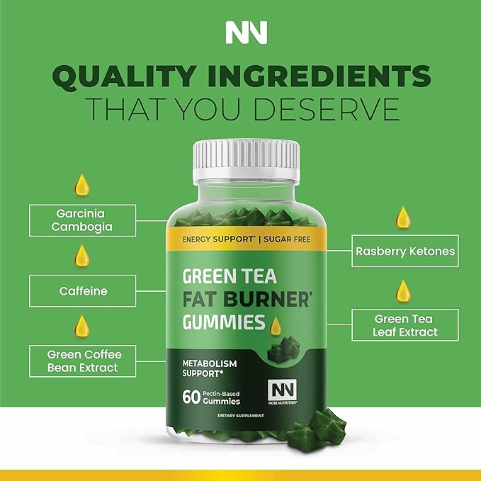 Green Tea Fat Burner Gummies for Weight Loss | Metabolism Boost & Appetite Suppressant with Green Coffee Bean and Garcinia Cambogia | Pills to Burn Belly Fat for Women & Men by Nobi Nutrition