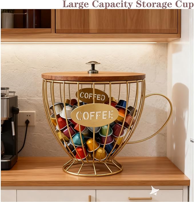 Coffee Pod Holder with Lid -Coffee Creamer Holder Large Capacity Holder for k Holder Organizer for Counter - Coffee Decor Station for Pods, Espresso, Capsules, Creamer, (Gold-CC)