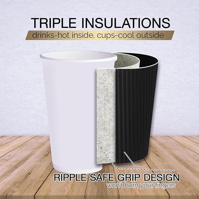 JollyPack 60 Pack 16 oz Paper Coffee Cups, Black Disposable Beverage Cups with Insulated Ripple Wall for Coffee, Tea, and Hot Chocolate