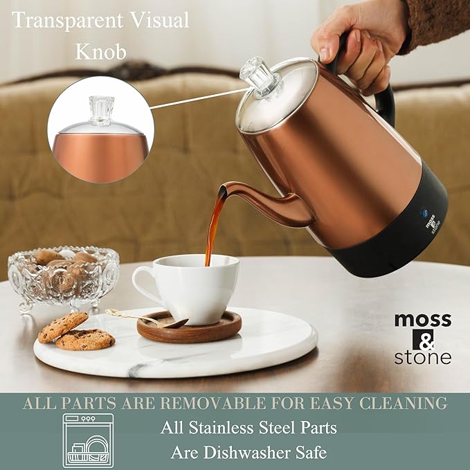 Moss & Stone 10 Cup Copper Percolator Coffee Pot Electric, Stainless Steel Coffee Percolator Electric With Keep Warm Function, Classic Perculator Pot With Removable Basket for Home or Office