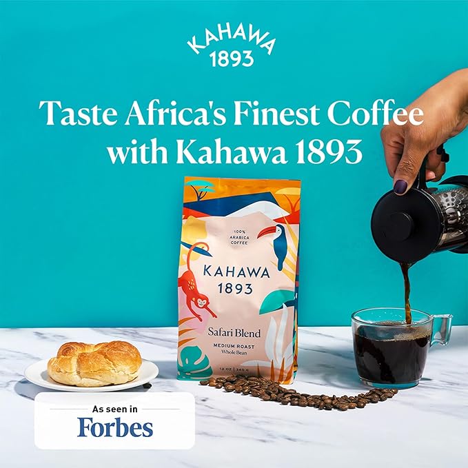 Kahawa 1893 Whole Bean Coffee Medium Roast Safari Blend 12 Oz - As Seen on Shark Tank, High Antioxidants, Naturally Sweet, Organically Grown, Ethically & Sustainably Sourced