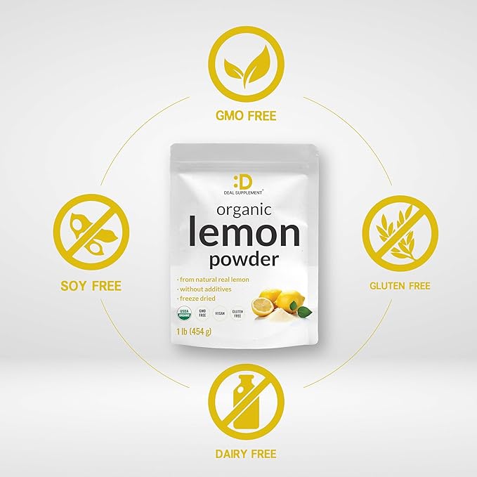 Organic Lemon Powder, 1lb – Real Freeze-Dried Source – Rich in Essential Vitamin C – Natural Immune Support – Raw Lemon Juice Flavor & Aroma – Non-GMO, Filler Free, No Sugar