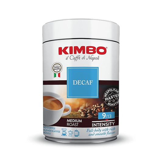 Kimbo Espresso Decaffeinato Ground Coffee - Blended and Roasted in Italy - Medium Roast with a Full-body Rich and Smooth Flavor - 8.8 oz Can