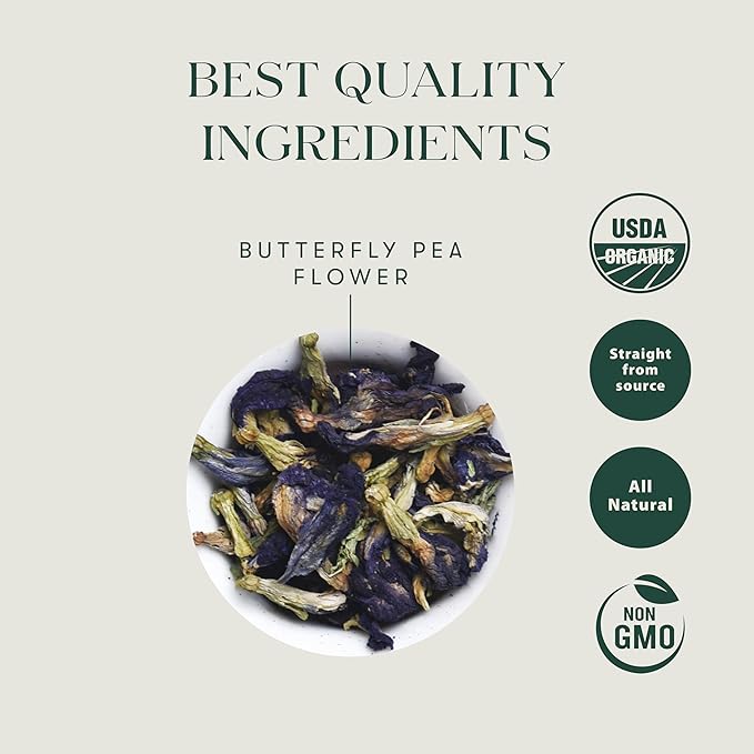 Luxmi Estates Butterfly Pea Flower Organic Blue Pea Flower Tea (50 Tea Bags) Caffeine Free Tea Bags For Relaxing, Calming, and Stress Relief, With Certified Herbal Tea