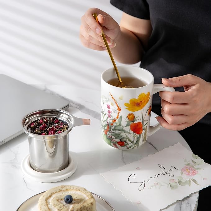 AmorArc Porcelain Tea Mug with Infuser and Lids, 18 Oz Large Cup Strainer with Bag Holder for Loose Leaf Tea, Steeping Coffee Mug for House-warming Wedding Birthday Gift