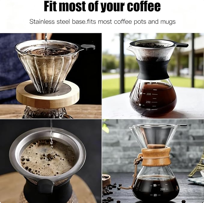 Reusable Permanent Paperless Coffee Pour-Over Dripper, Double-Layer 800-Mesh Stainless Steel, Fits Oval Containers, with Brush, 2-3 Cups for Home Travel Camping